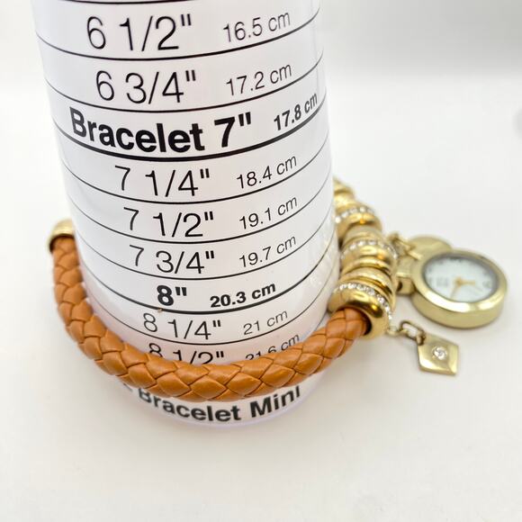 Signed NY&C Watch Charm Bracelet Heart Love Woven Brown Leather Gold Tone - 7" - Picture 10 of 10